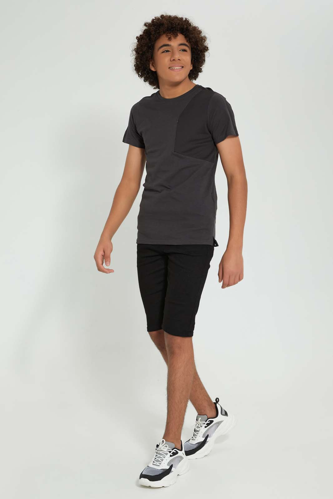 Redtag-Charcoal-Zip-T-Shirt-All-Over-Prints-Senior-Boys-9 to 14 Years