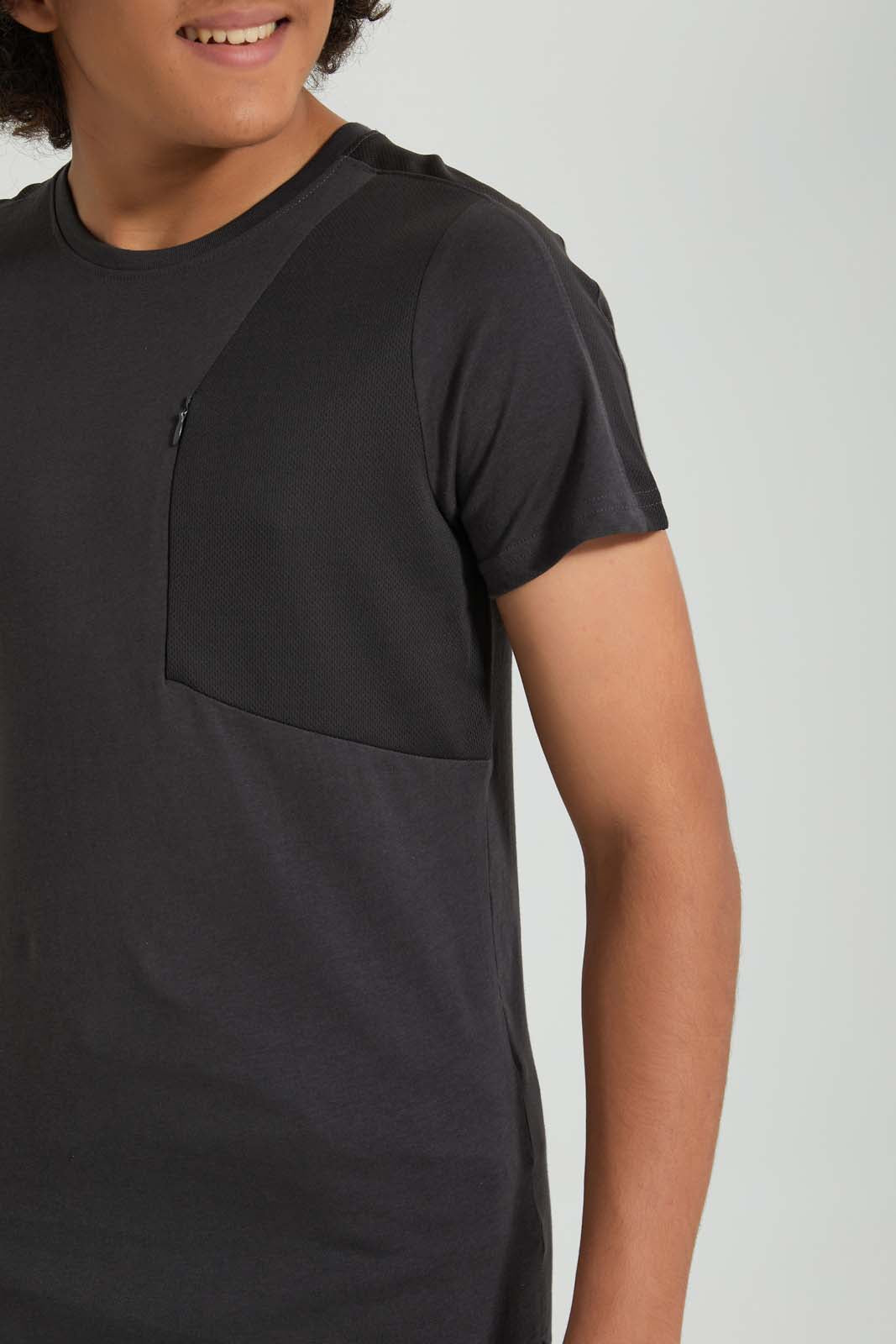 Redtag-Charcoal-Zip-T-Shirt-All-Over-Prints-Senior-Boys-9 to 14 Years