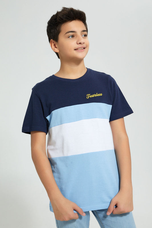 Redtag-Navy-Color-Block-T-Shirt-All-Over-Prints-Senior-Boys-9 to 14 Years