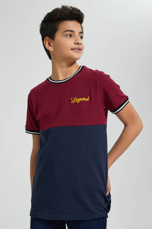 Redtag-Burgundy-Color-Block-T-Shirt-All-Over-Prints-Senior-Boys-9 to 14 Years