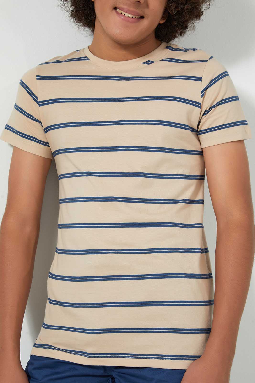 Redtag-Beige-Stripe-T-Shirt-Striped-Senior-Boys-9 to 14 Years