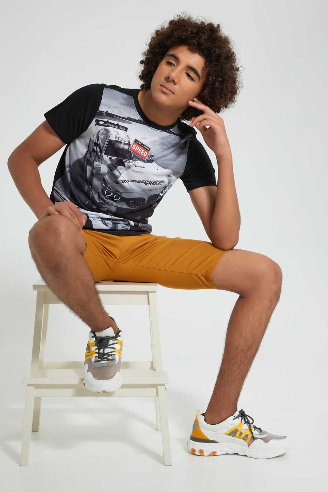 Redtag-Black-Racing-Car-T-Shirt-All-Over-Prints-Senior-Boys-9 to 14 Years