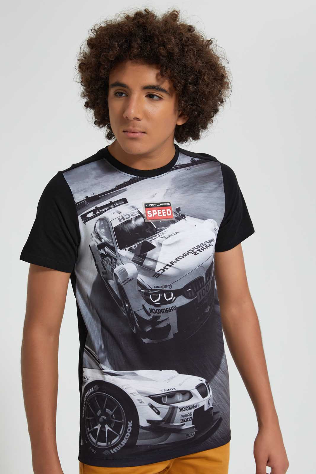 Redtag-Black-Racing-Car-T-Shirt-All-Over-Prints-Senior-Boys-9 to 14 Years