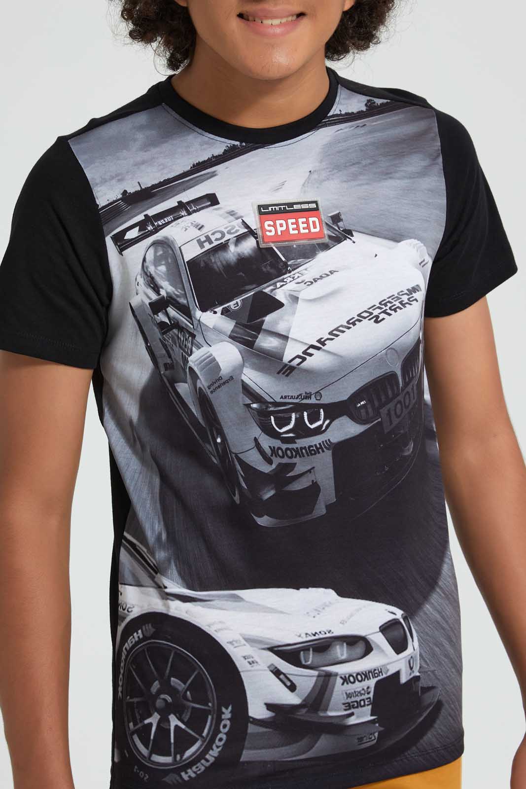 Redtag-Black-Racing-Car-T-Shirt-All-Over-Prints-Senior-Boys-9 to 14 Years