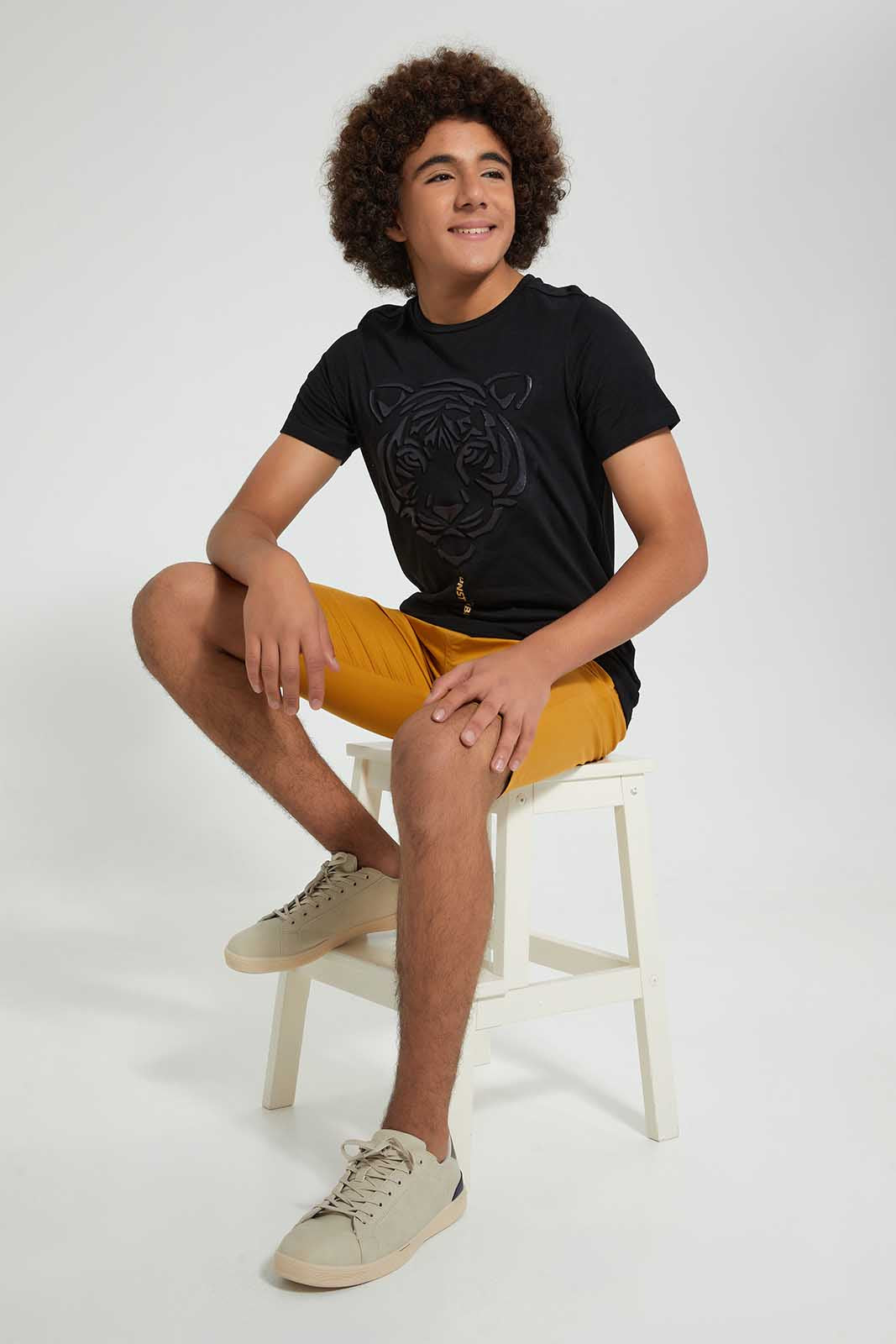 Redtag-Black-Emboss-Tiger-Face-T-Shirt-All-Over-Prints-Senior-Boys-9 to 14 Years
