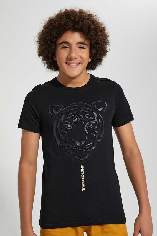 Redtag-Black-Emboss-Tiger-Face-T-Shirt-All-Over-Prints-Senior-Boys-9 to 14 Years
