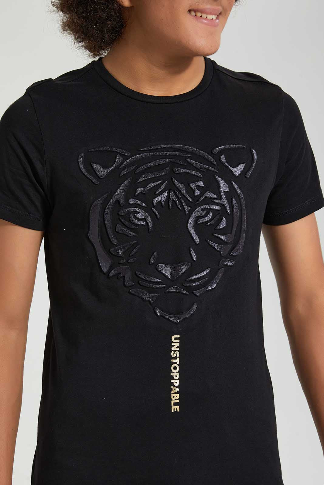 Redtag-Black-Emboss-Tiger-Face-T-Shirt-All-Over-Prints-Senior-Boys-9 to 14 Years