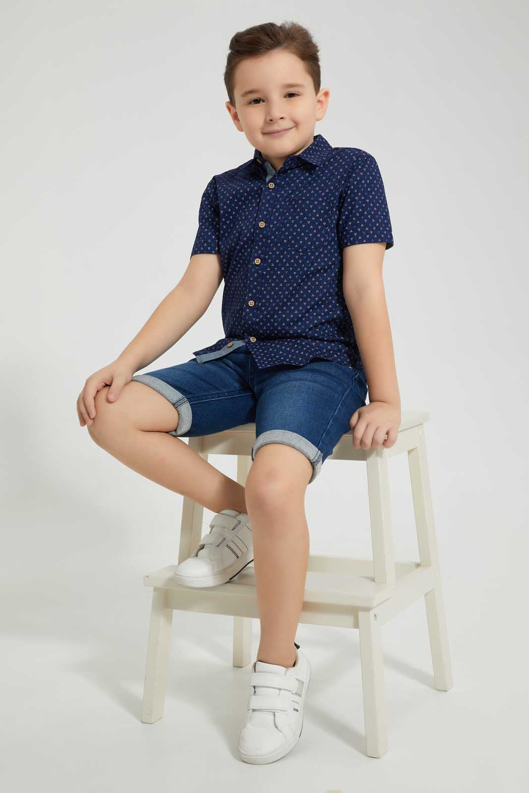 Redtag-Navy-Printed-Short-Sleeve-Shirt-Casual-Shirts-Boys-2 to 8 Years