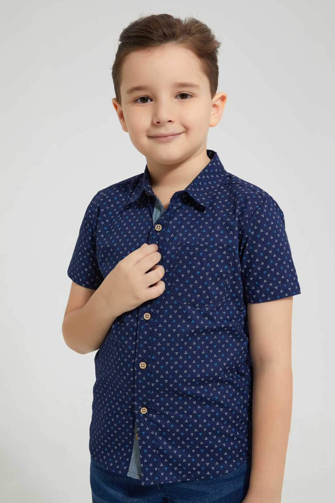Redtag-Navy-Printed-Short-Sleeve-Shirt-Casual-Shirts-Boys-2 to 8 Years