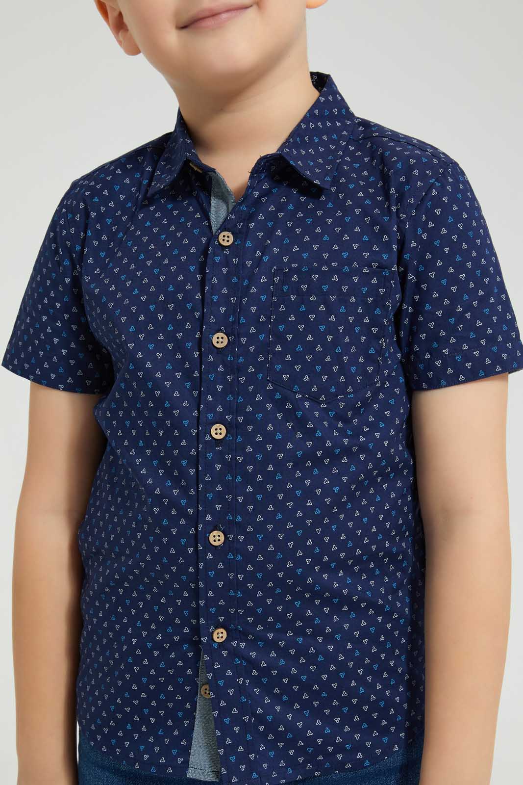 Redtag-Navy-Printed-Short-Sleeve-Shirt-Casual-Shirts-Boys-2 to 8 Years
