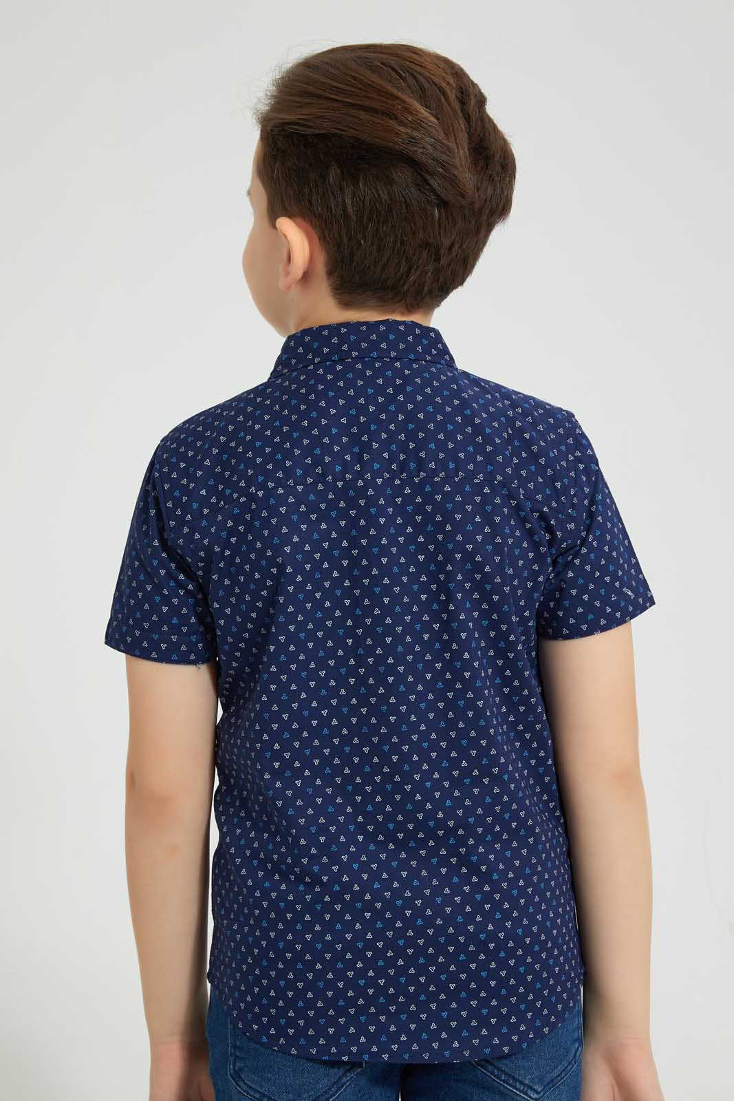 Redtag-Navy-Printed-Short-Sleeve-Shirt-Casual-Shirts-Boys-2 to 8 Years