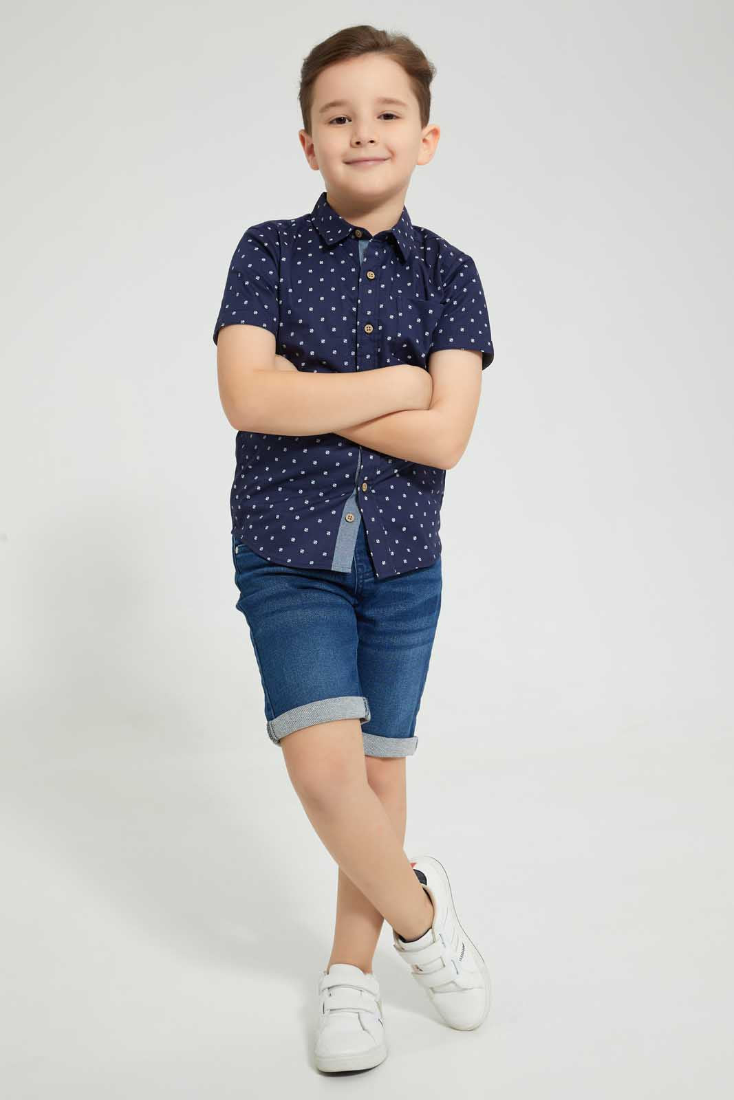 Redtag-Navy-Baseball-Printed-Short-Sleeve-Shirt-Casual-Shirts-Boys-2 to 8 Years