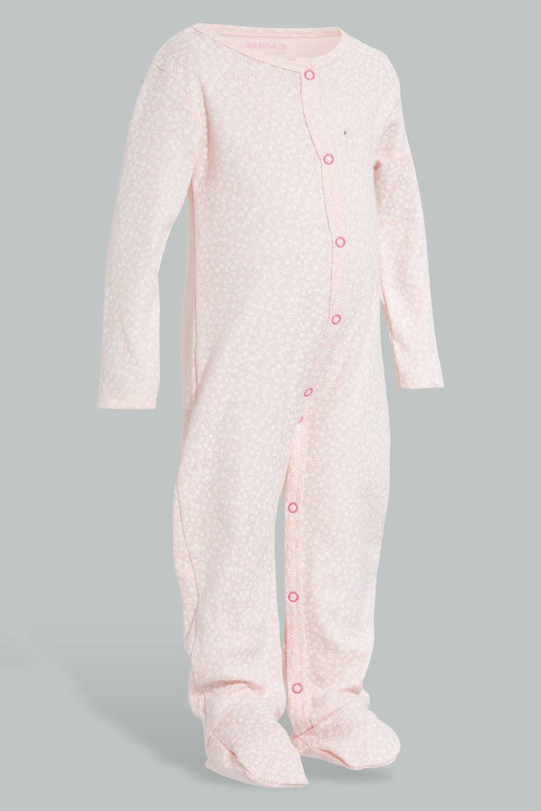 Redtag-Peach-Ditsy-Floral-Sleep-Suit-Sleepsuits-Baby-0 to 12 Months