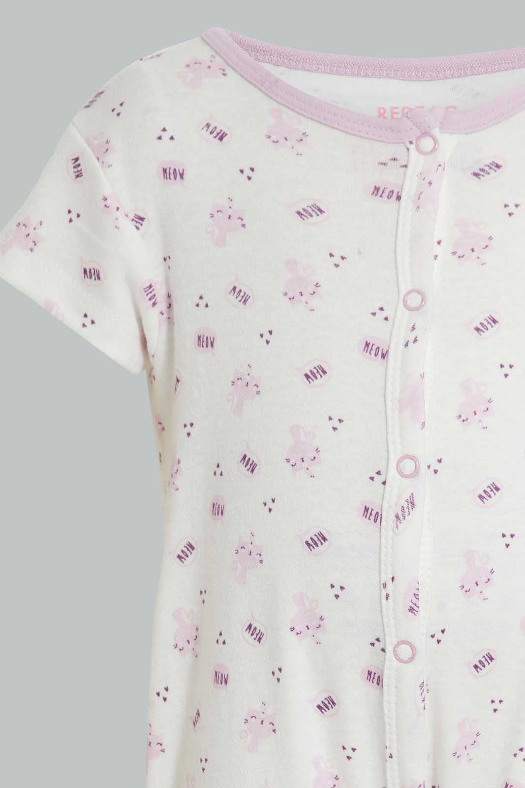 Redtag-Lilac-Cat-Print-Romper-Rompers-Baby-0 to 12 Months