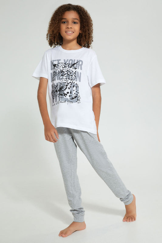 Redtag-White-Wild-Night-Suit-Pyjama-Sets-Senior-Boys-9 to 14 Years