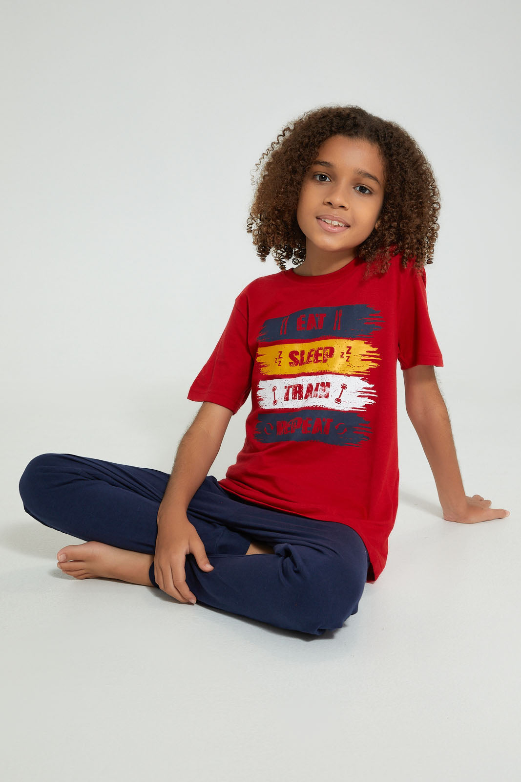 Redtag-Red-Eat-Sleep-Train-Night-Suit-Pyjama-Sets-Senior-Boys-9 to 14 Years