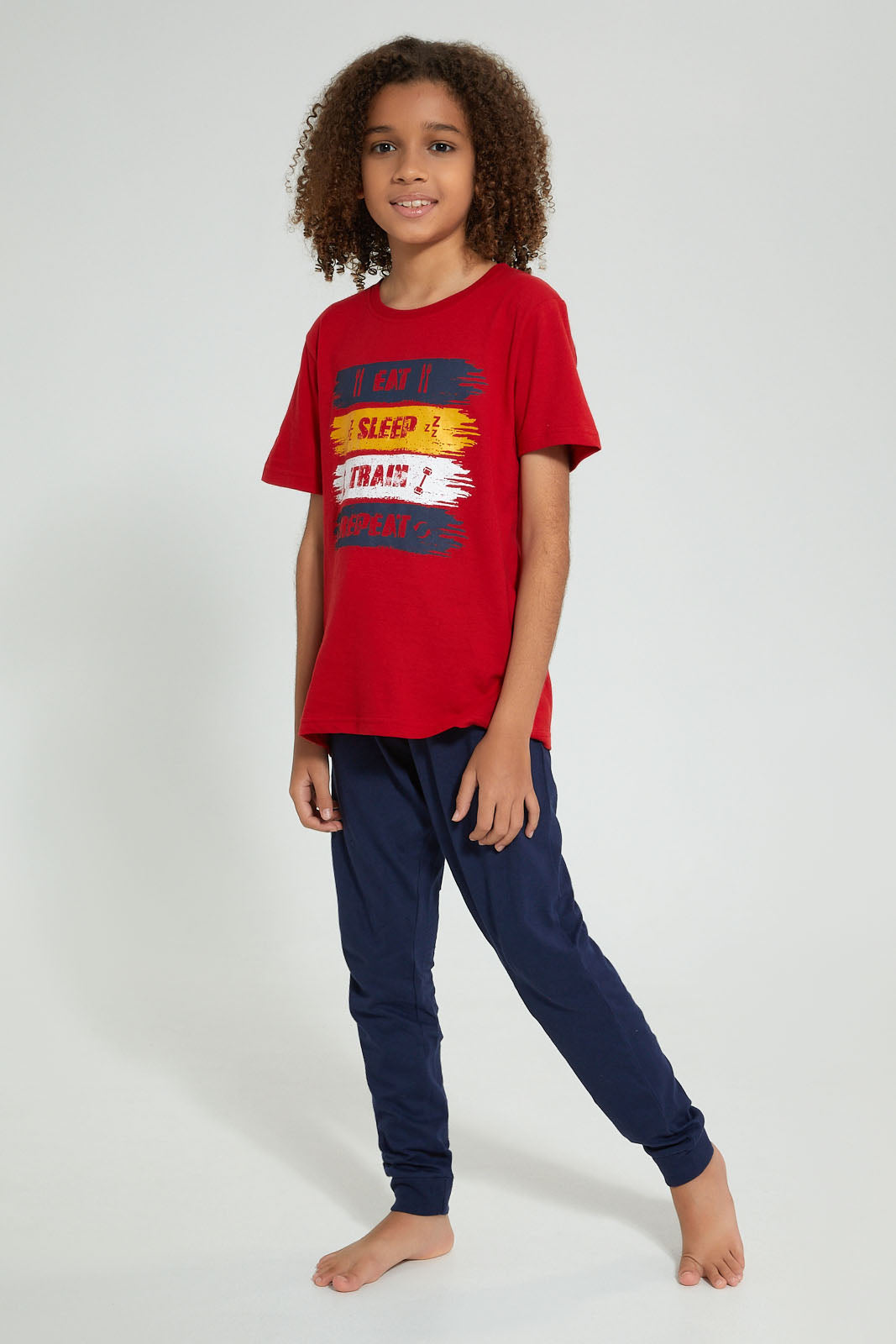 Redtag-Red-Eat-Sleep-Train-Night-Suit-Pyjama-Sets-Senior-Boys-9 to 14 Years
