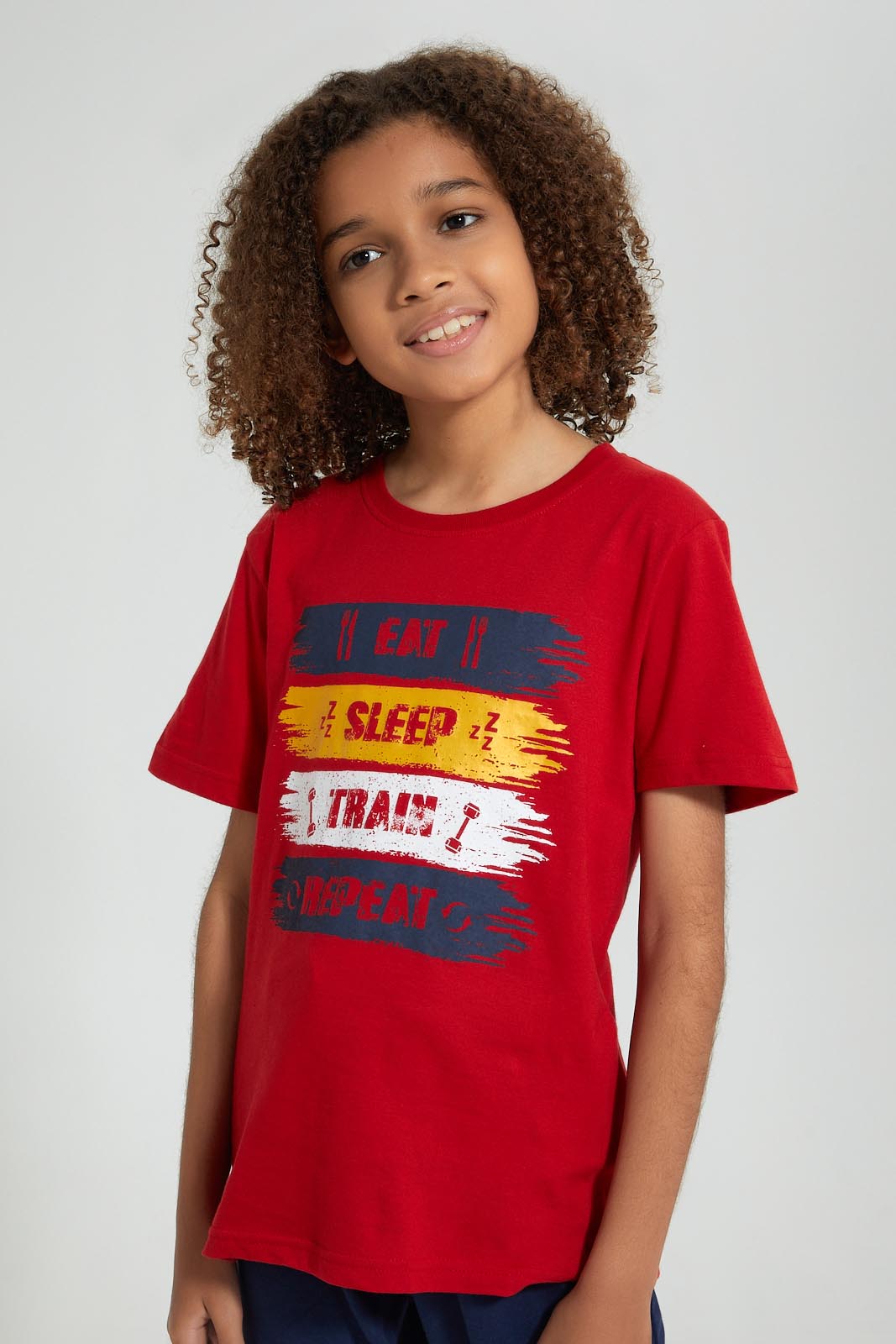 Redtag-Red-Eat-Sleep-Train-Night-Suit-Pyjama-Sets-Senior-Boys-9 to 14 Years