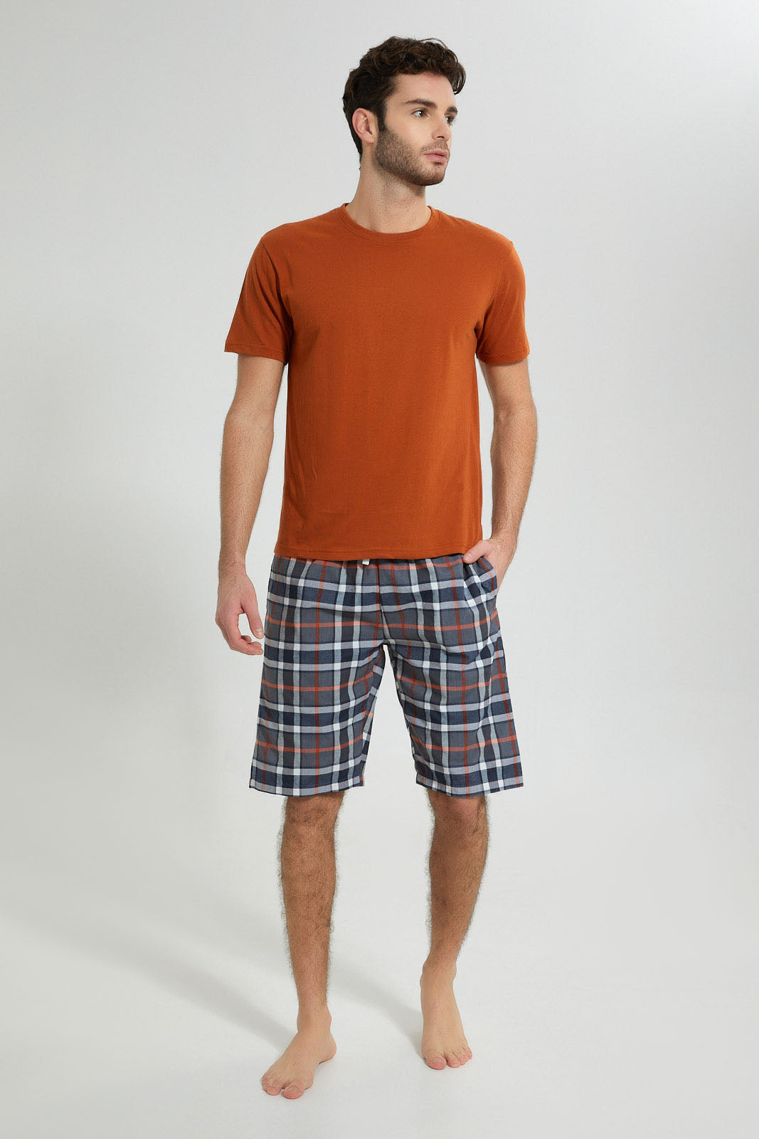 Redtag-Orange/Grey-Check-Cosy-Pyjama-Set-Colour:Orange,-Filter:Men's-Clothing,-Men-Pyjama-Sets,-New-In,-New-In-Men,-Non-Sale,-S22B,-Section:Men-Men's-