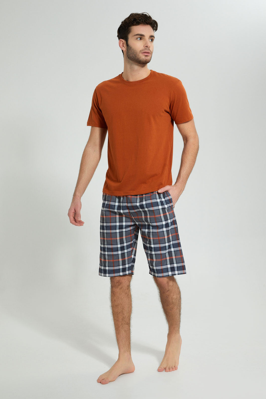 Redtag-Orange/Grey-Check-Cosy-Pyjama-Set-Colour:Orange,-Filter:Men's-Clothing,-Men-Pyjama-Sets,-New-In,-New-In-Men,-Non-Sale,-S22B,-Section:Men-Men's-