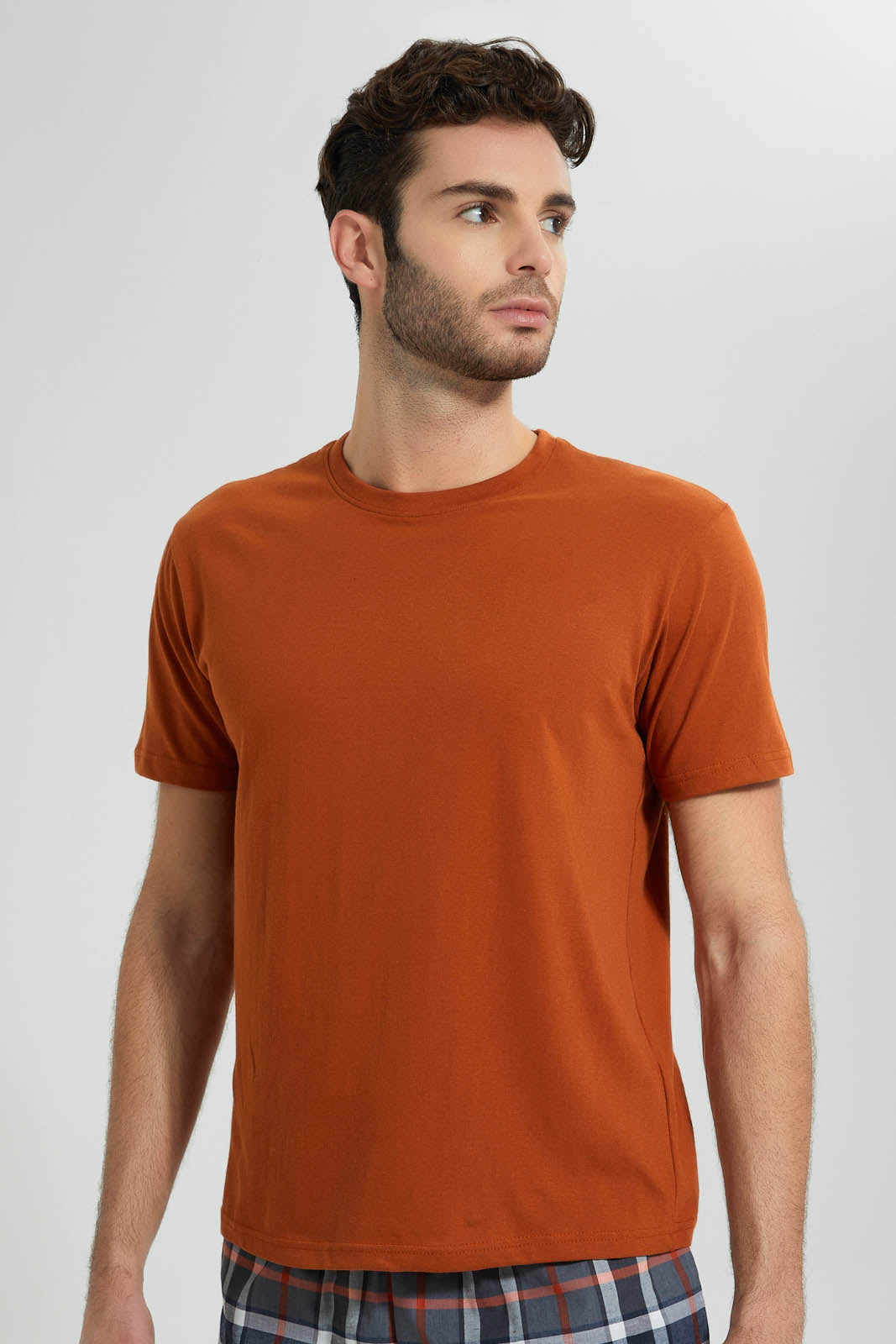 Redtag-Orange/Grey-Check-Cosy-Pyjama-Set-Colour:Orange,-Filter:Men's-Clothing,-Men-Pyjama-Sets,-New-In,-New-In-Men,-Non-Sale,-S22B,-Section:Men-Men's-