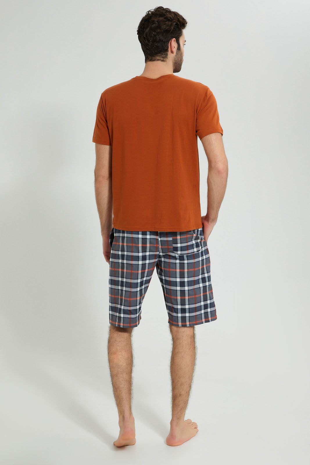Redtag-Orange/Grey-Check-Cosy-Pyjama-Set-Colour:Orange,-Filter:Men's-Clothing,-Men-Pyjama-Sets,-New-In,-New-In-Men,-Non-Sale,-S22B,-Section:Men-Men's-