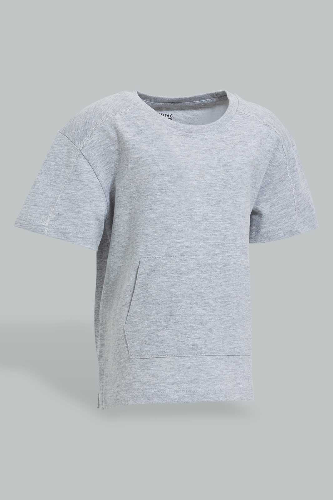 Redtag-Grey-Melange-Kangaroo-Pocket-Short-Sleeve-T-Shirt-Colour:Grey,-Filter:Infant-Boys-(3-to-24-Mths),-Infant-Boys-T-Shirts,-New-In,-New-In-INB,-Non-Sale,-S22B,-Section:Kidswear,-TBL-Infant-Boys-3 to 24 Months