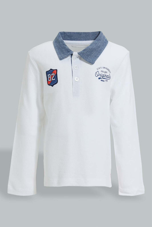 Redtag-White-Chambrey-Color-Long-Sleeve-Polo-Shirts-Polo-Shirts-Infant-Boys-3 to 24 Months
