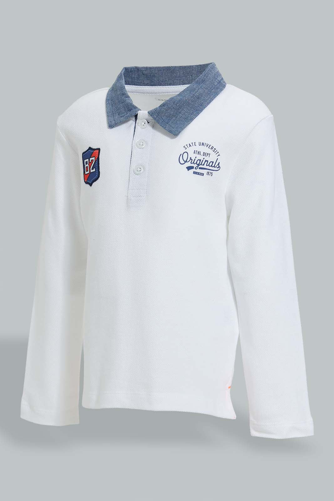 Redtag-White-Chambrey-Color-Long-Sleeve-Polo-Shirts-Polo-Shirts-Infant-Boys-3 to 24 Months