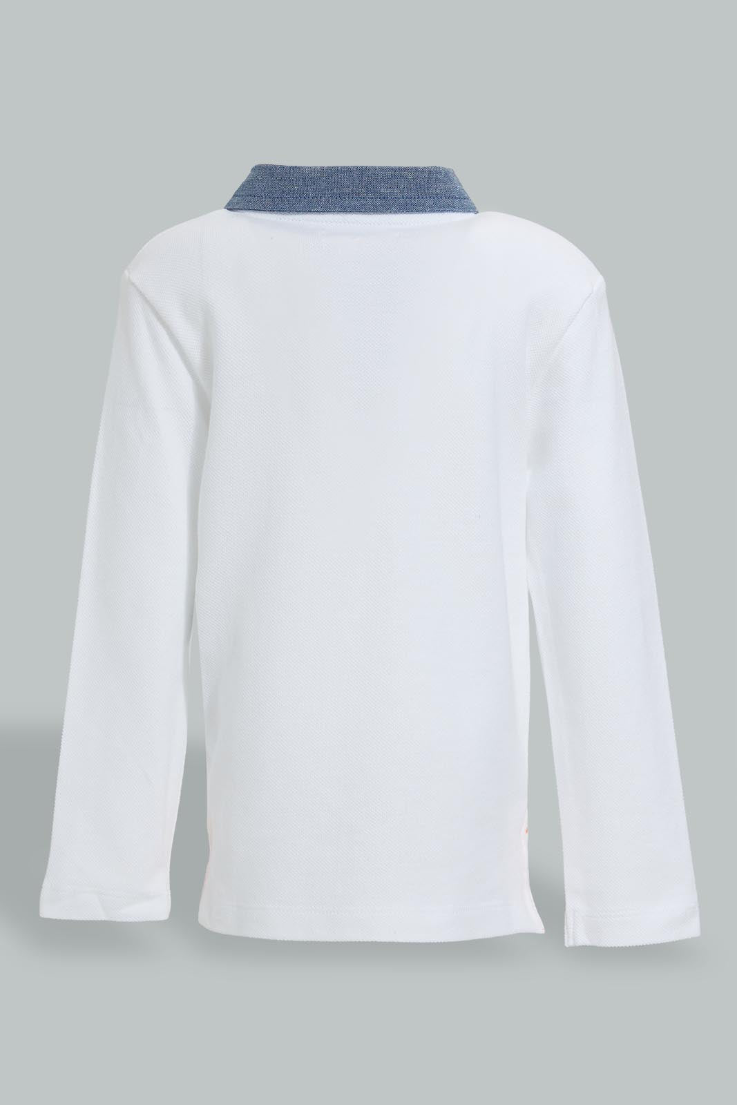 Redtag-White-Chambrey-Color-Long-Sleeve-Polo-Shirts-Polo-Shirts-Infant-Boys-3 to 24 Months