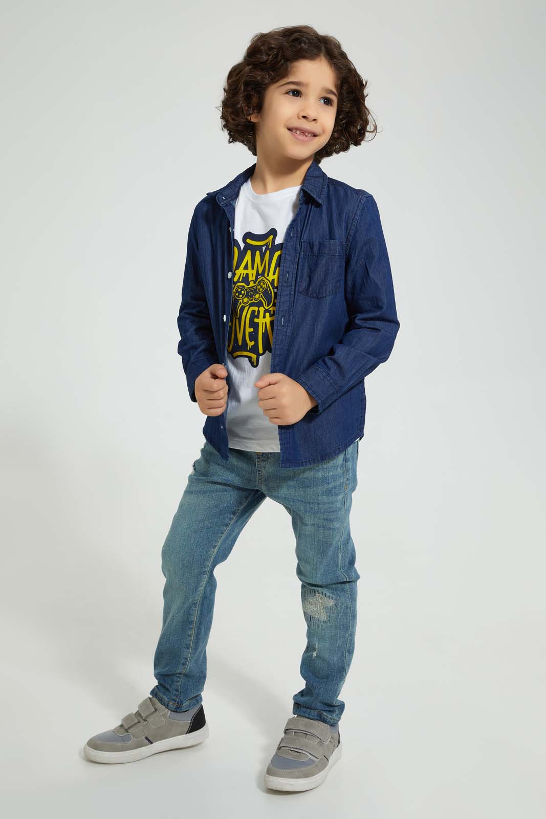 Redtag-Dark-Wash-Denim-Shirt-And-T-Shirt-Set-Casual-Shirts-Boys-2 to 8 Years