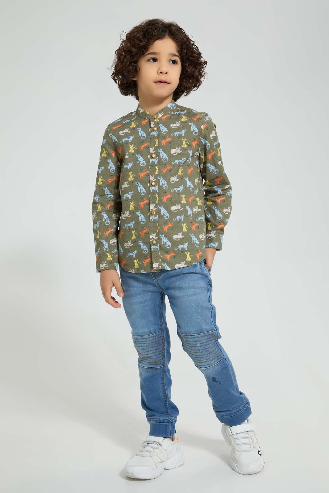 Redtag-Olive-Cat-Print-Mandarin-Collar-Long-Sleeve-Shirt-Casual-Shirts-Boys-2 to 8 Years
