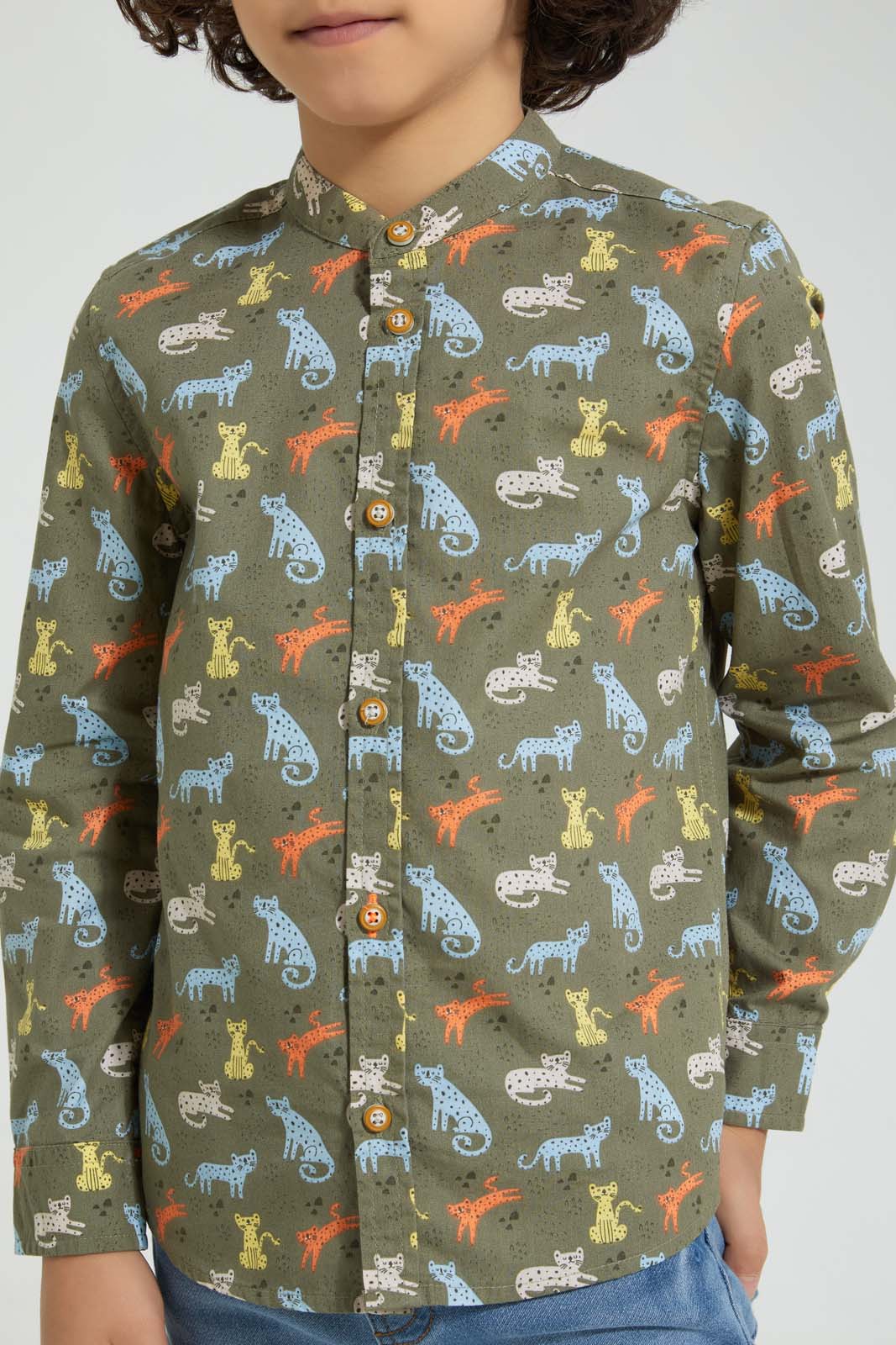 Redtag-Olive-Cat-Print-Mandarin-Collar-Long-Sleeve-Shirt-Casual-Shirts-Boys-2 to 8 Years