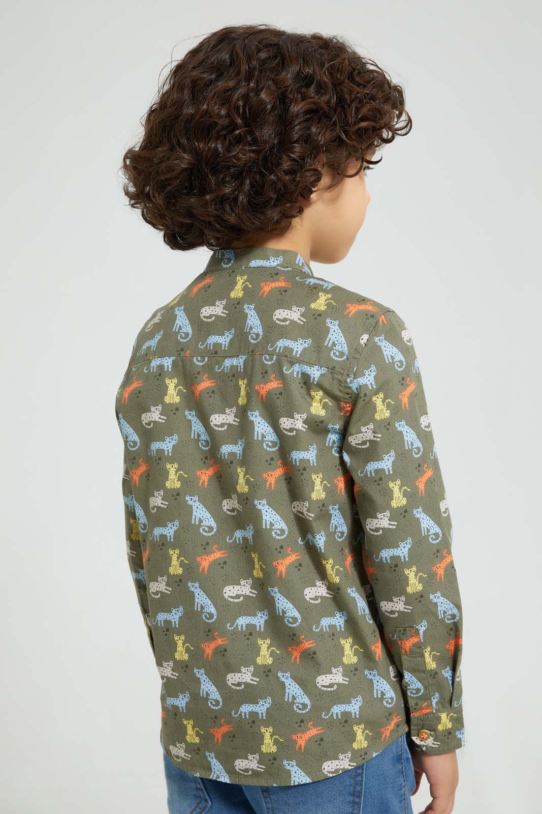 Redtag-Olive-Cat-Print-Mandarin-Collar-Long-Sleeve-Shirt-Casual-Shirts-Boys-2 to 8 Years
