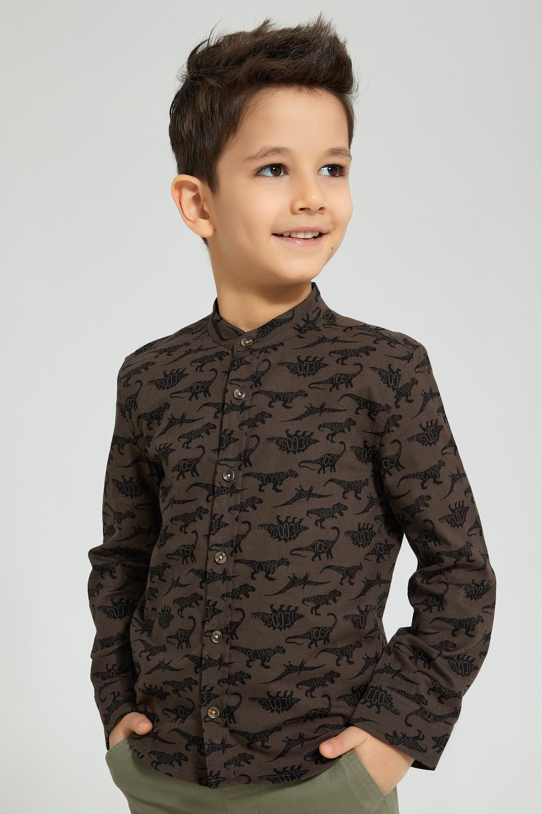 Redtag-Dark-Grey-Dino-Print-Mandarin-Collar-Long-Sleeve-Shirt-Boys-Shirts,-Colour:Dark-Grey,-Filter:Boys-(2-to-8-Yrs),-New-In,-New-In-BOY,-Non-Sale,-S22B,-Section:Kidswear-Boys-2 to 8 Years