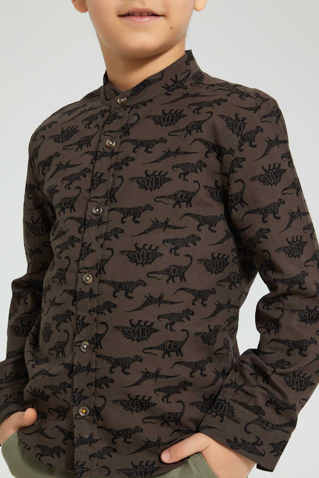 Redtag-Dark-Grey-Dino-Print-Mandarin-Collar-Long-Sleeve-Shirt-Boys-Shirts,-Colour:Dark-Grey,-Filter:Boys-(2-to-8-Yrs),-New-In,-New-In-BOY,-Non-Sale,-S22B,-Section:Kidswear-Boys-2 to 8 Years