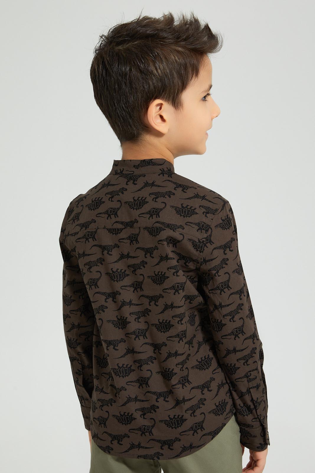Redtag-Dark-Grey-Dino-Print-Mandarin-Collar-Long-Sleeve-Shirt-Boys-Shirts,-Colour:Dark-Grey,-Filter:Boys-(2-to-8-Yrs),-New-In,-New-In-BOY,-Non-Sale,-S22B,-Section:Kidswear-Boys-2 to 8 Years
