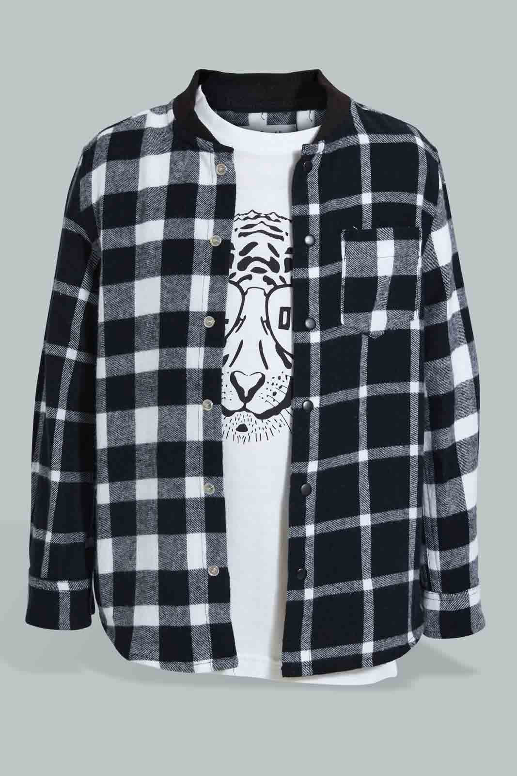 Redtag-Black-Flannel-Check-Shirt-And-T-Shirt-Set-Casual-Shirts-Boys-2 to 8 Years