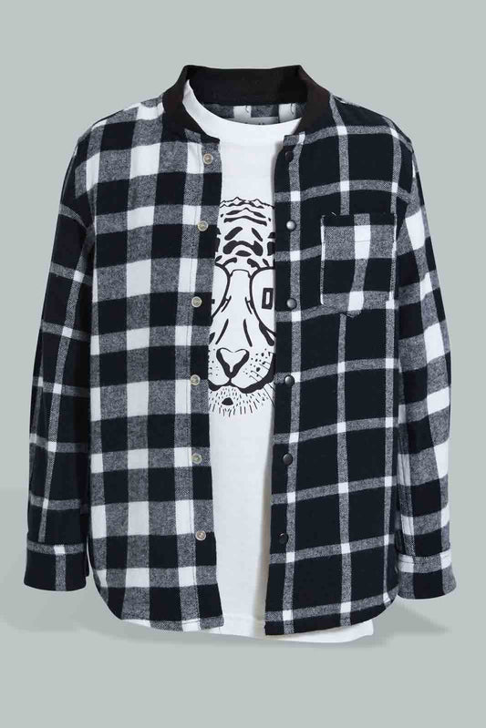 Redtag-Black-Flannel-Check-Shirt-And-T-Shirt-Set-Casual-Shirts-Boys-2 to 8 Years