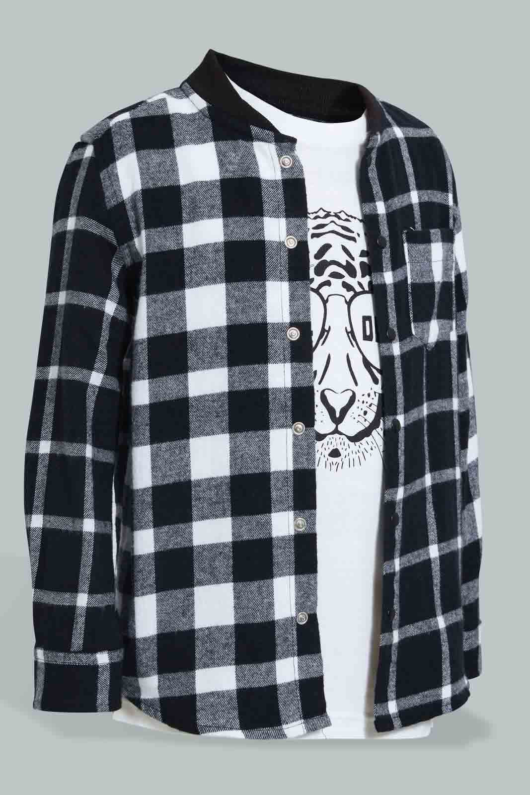 Redtag-Black-Flannel-Check-Shirt-And-T-Shirt-Set-Casual-Shirts-Boys-2 to 8 Years
