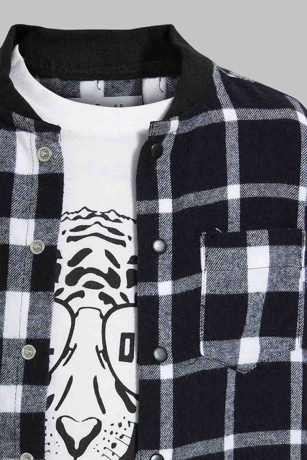 Redtag-Black-Flannel-Check-Shirt-And-T-Shirt-Set-Casual-Shirts-Boys-2 to 8 Years