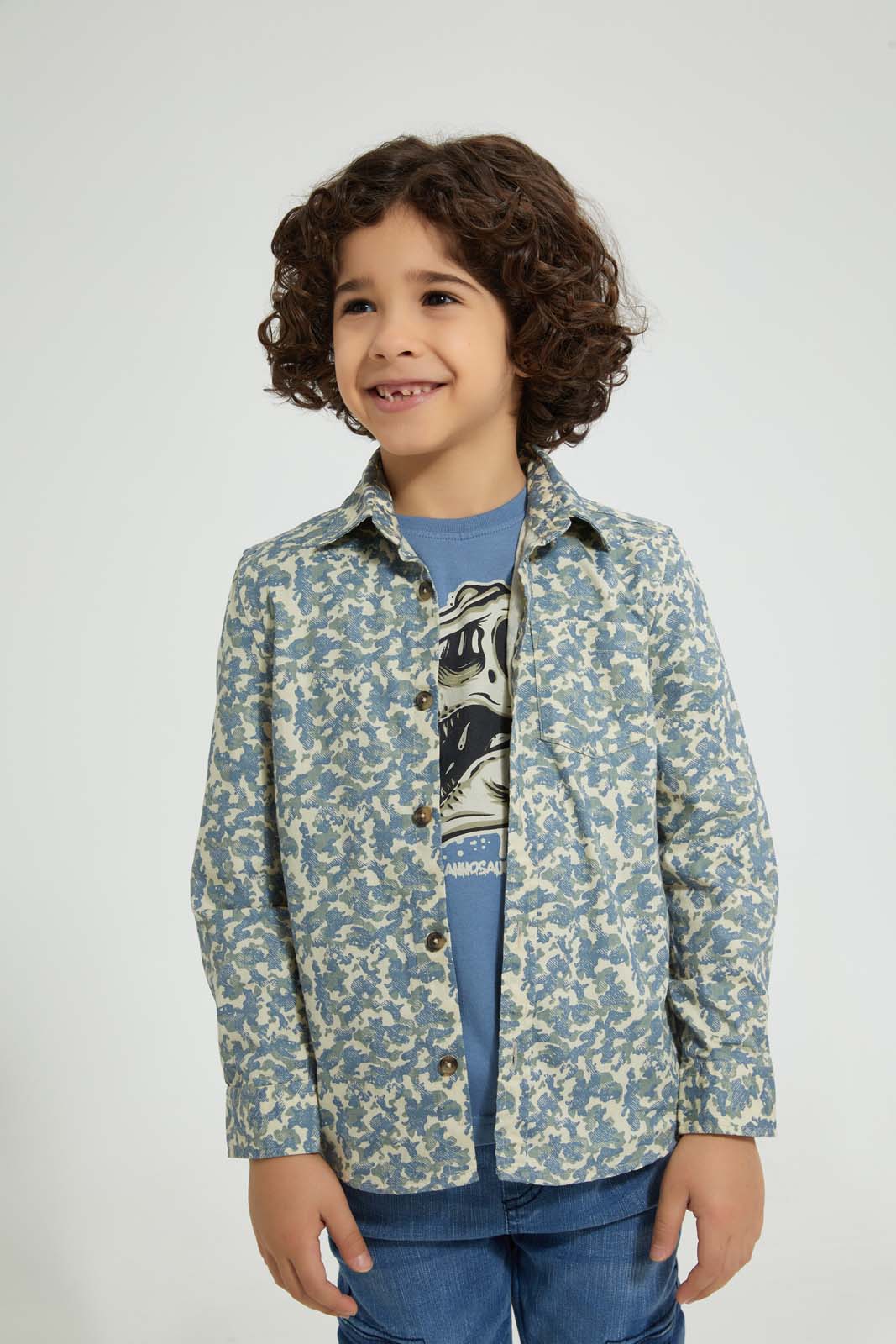 Redtag-Blue-Printed-Shirt-And-T-Shirt-Set-Casual-Shirts-Boys-2 to 8 Years