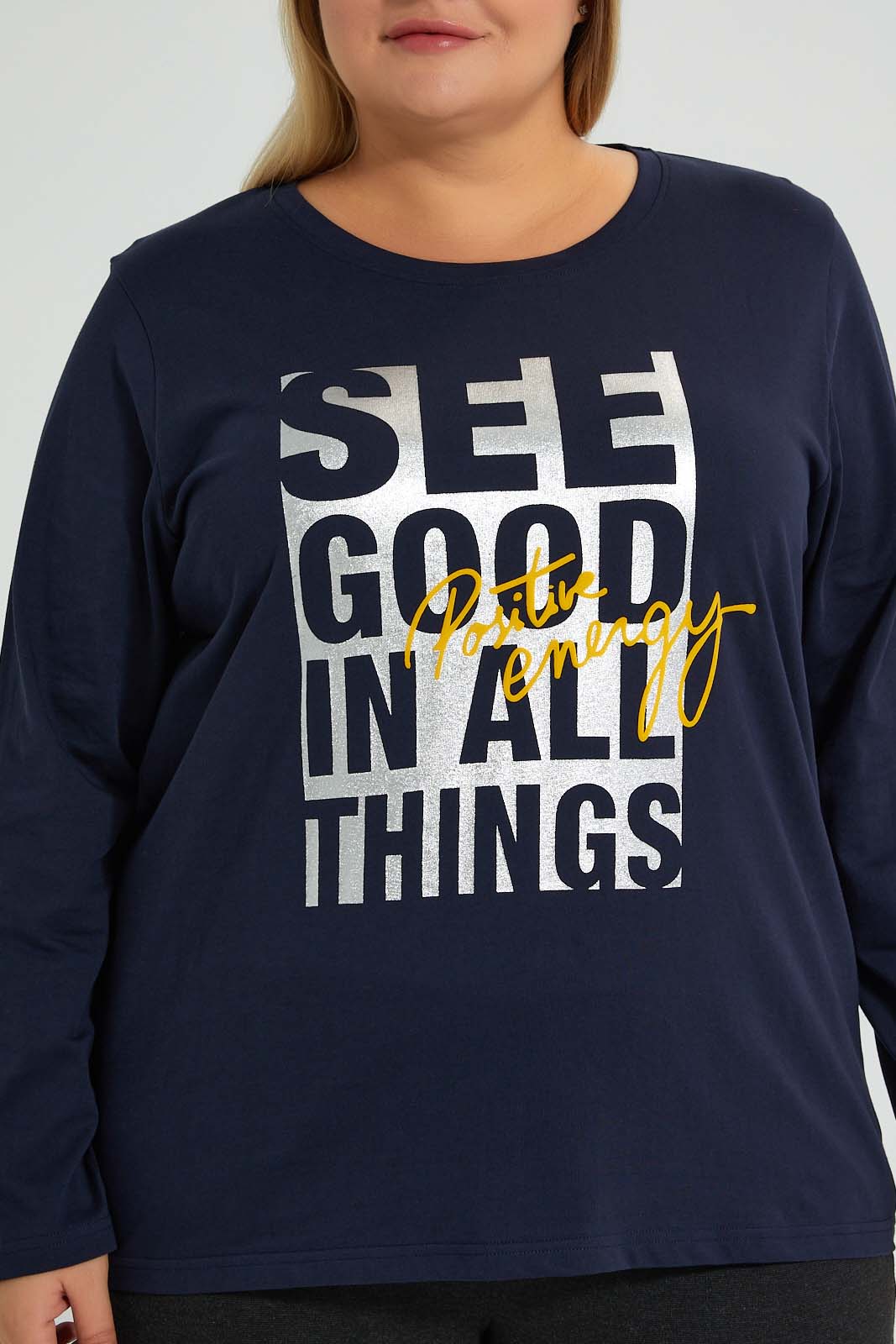 Redtag-Navy-3/4-Sleeve-Graphic-T-Shirt-Colour:Navy,-Filter:Plus-Size,-LDP-T-Shirts,-New-In,-New-In-LDP,-Non-Sale,-S22A,-Section:Women,-TBL-Women's-