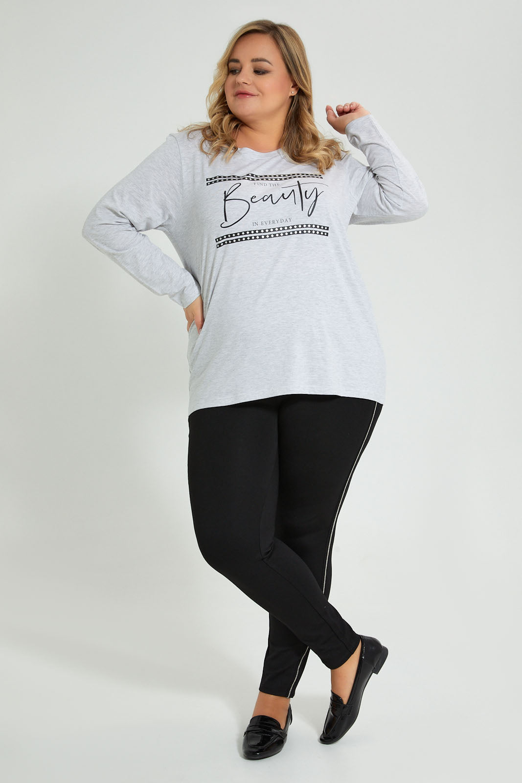 Redtag-Grey-3/4-Sleeve-Graphic-T-Shirt-Colour:Grey,-Filter:Plus-Size,-LDP-T-Shirts,-New-In,-New-In-LDP,-Non-Sale,-S22A,-Section:Women,-TBL-Women's-