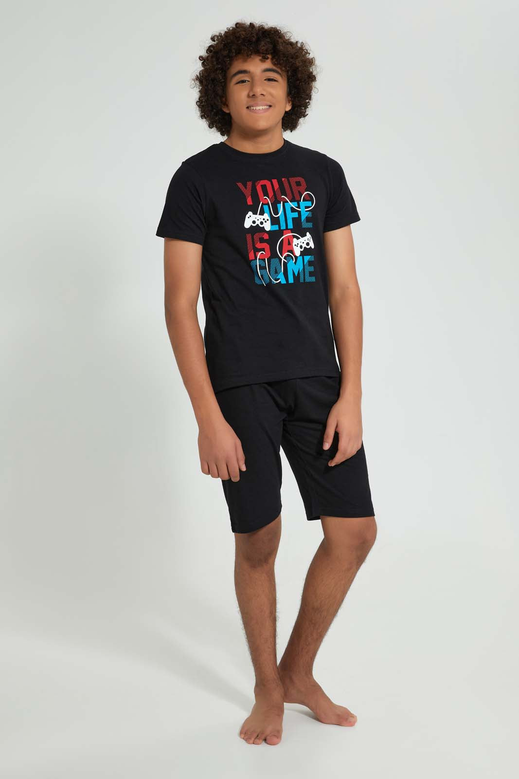 Redtag-Black-Life-Is-A-Game-Night-Suit-Pyjama-Sets-Senior-Boys-9 to 14 Years