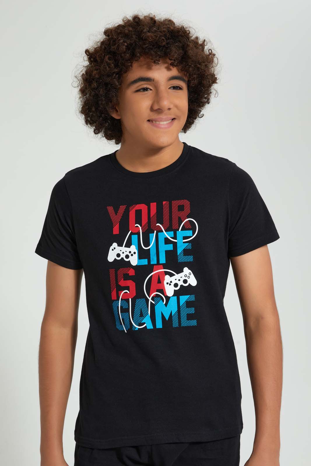 Redtag-Black-Life-Is-A-Game-Night-Suit-Pyjama-Sets-Senior-Boys-9 to 14 Years