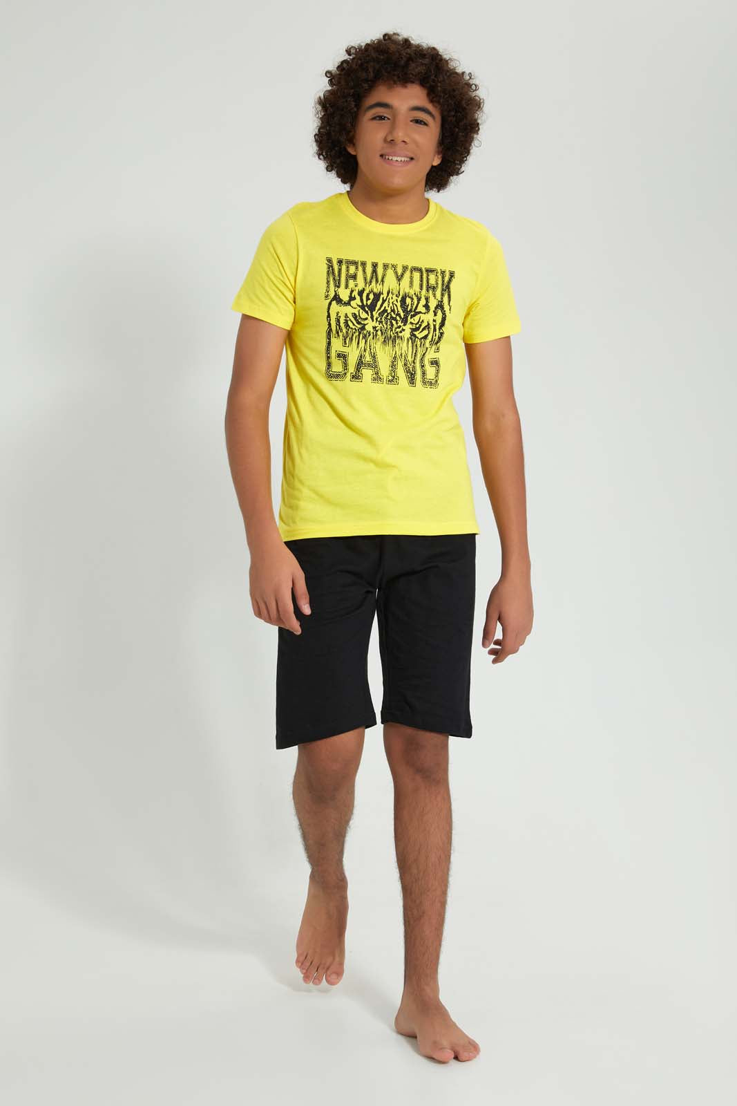 Redtag-Yellow-Ny-Gang-Night-Suit-Pyjama-Sets-Senior-Boys-9 to 14 Years