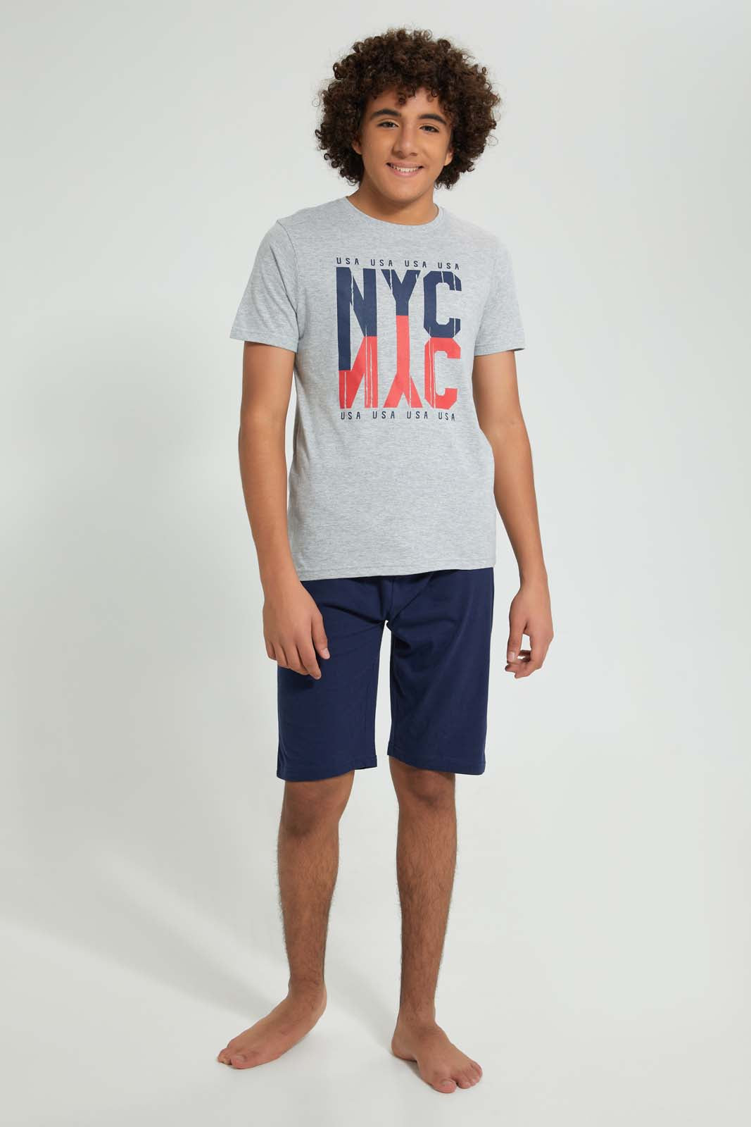 Redtag-Grey-Nyc-Night-Suit-Pyjama-Sets-Senior-Boys-9 to 14 Years