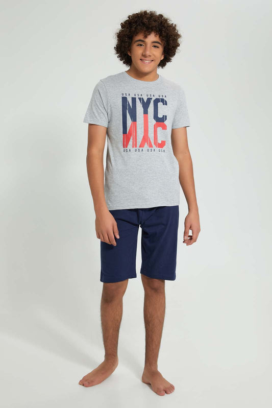 Redtag-Grey-Nyc-Night-Suit-Pyjama-Sets-Senior-Boys-9 to 14 Years
