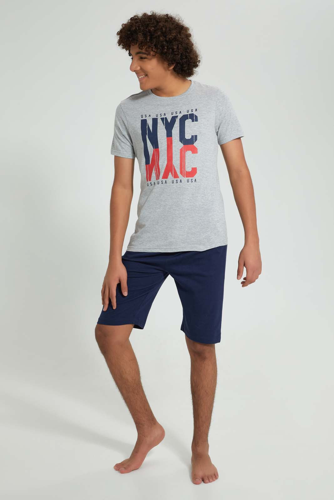 Redtag-Grey-Nyc-Night-Suit-Pyjama-Sets-Senior-Boys-9 to 14 Years
